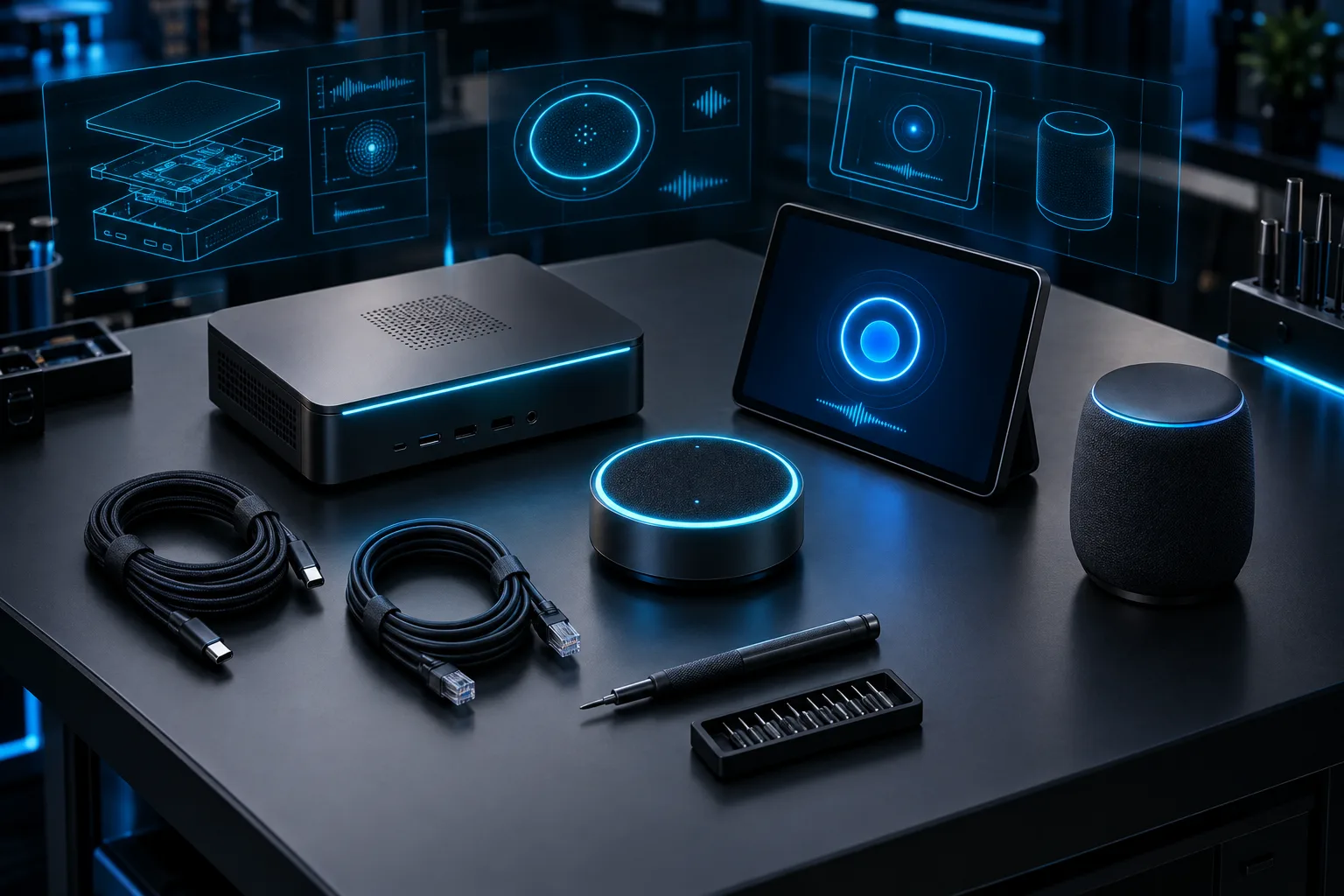 Kit matériel d'un assistant Jarvis Perso sur l'établi : unité centrale, micro circulaire, écran tactile et enceinte
