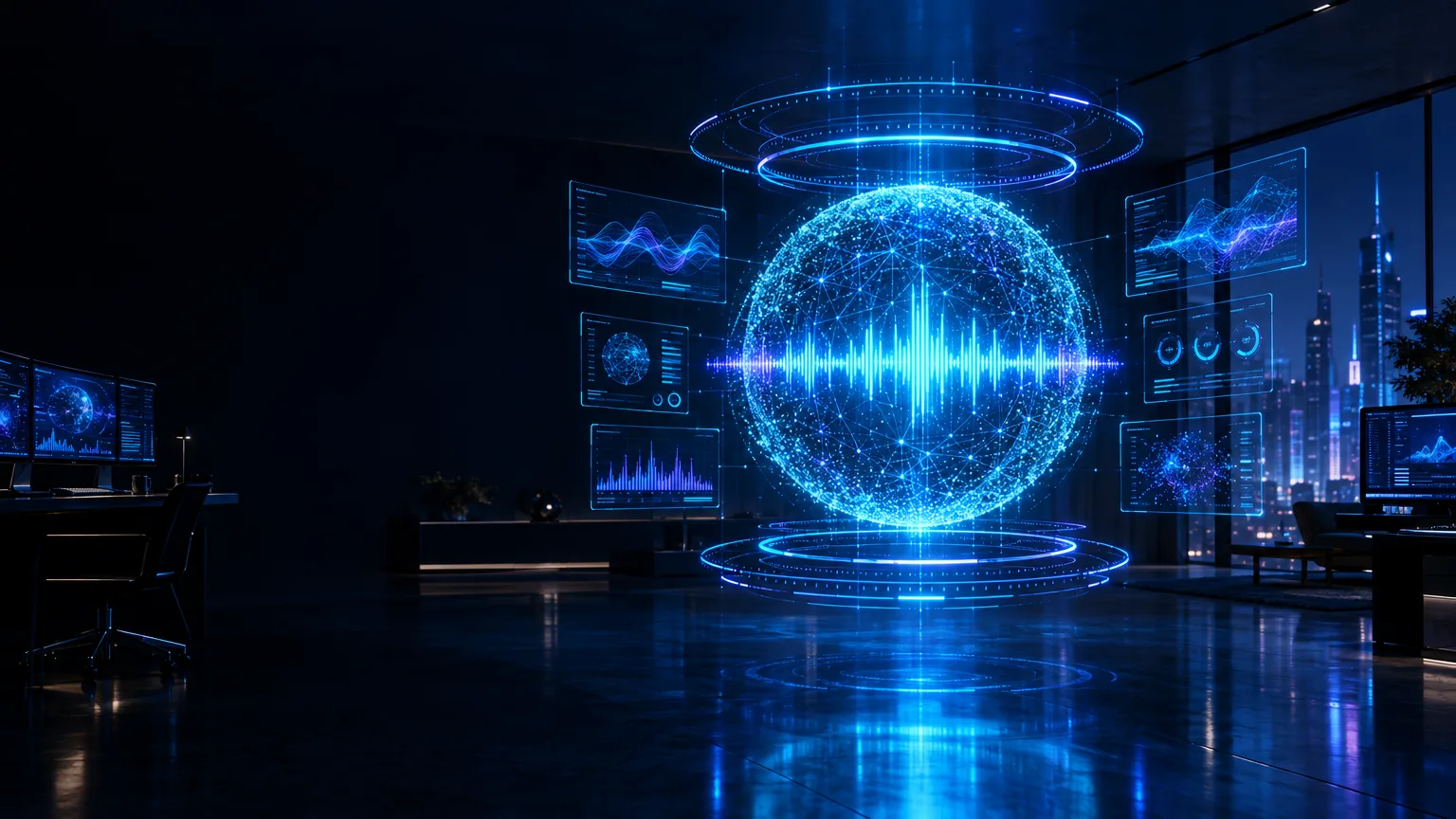 Noyau holographique d'un assistant Jarvis Perso dans un bureau plongé dans la pénombre