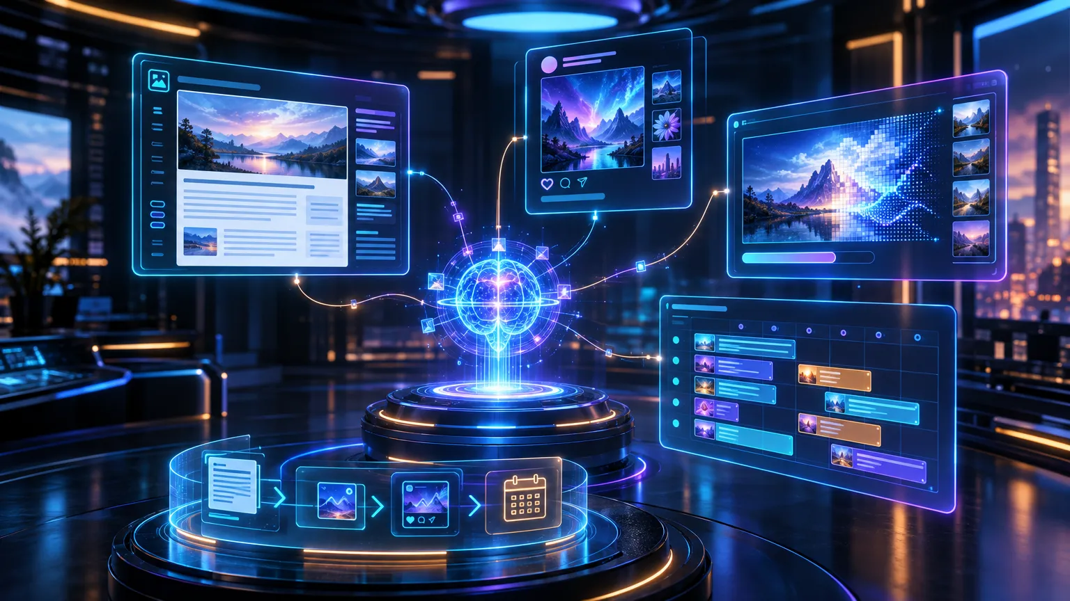 Studio de création de contenu holographique piloté par un assistant IA, avec brouillons et visuels