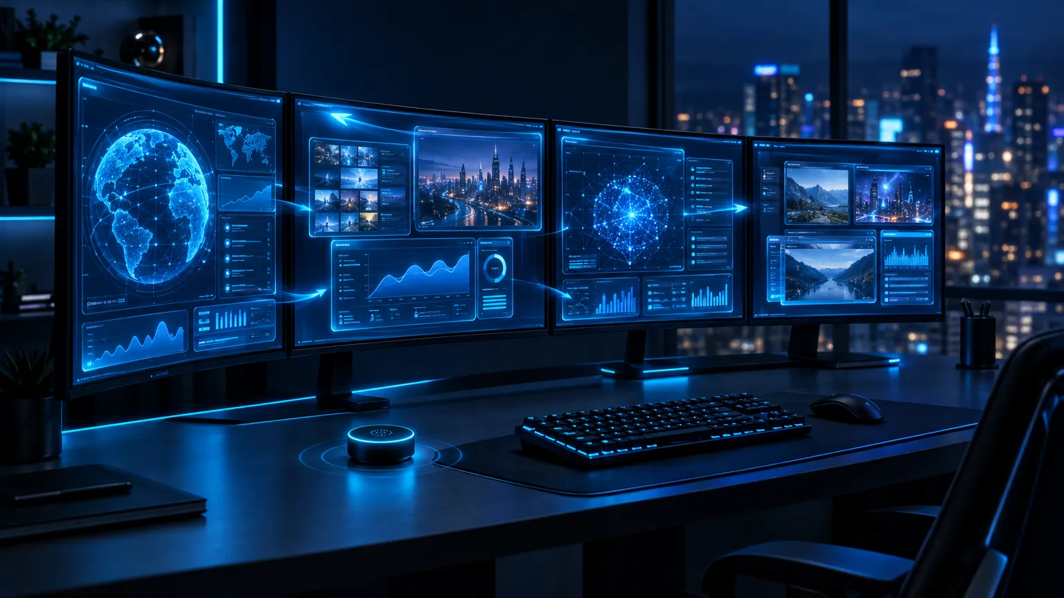 Bureau équipé de quatre écrans pilotés par un assistant vocal sur PC Windows